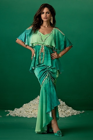 Green Modal Satin & Crepe Printed Skirt Set by Shashank Arya