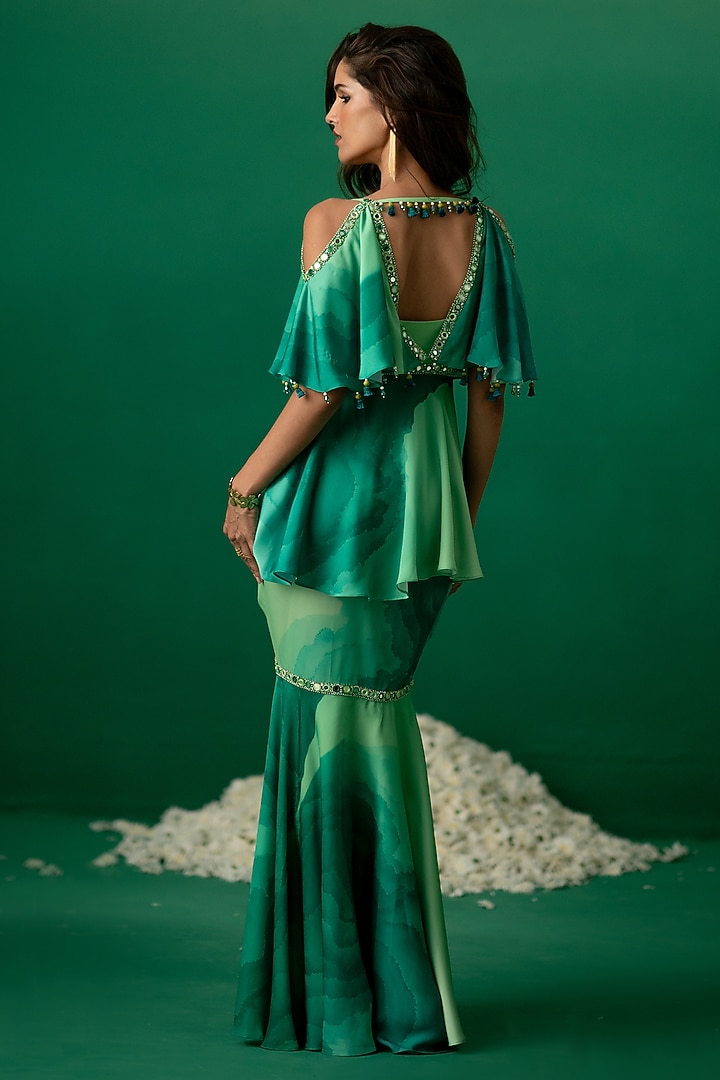 Green Modal Satin & Crepe Printed Skirt Set by Shashank Arya at Pernia's Pop Up Shop