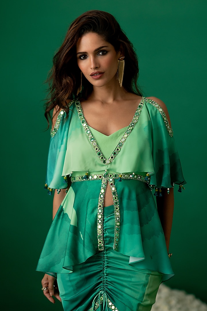 Green Modal Satin & Crepe Printed Skirt Set by Shashank Arya at Pernia's Pop Up Shop