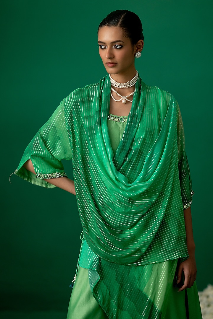 Green Chanderi & Georgette Crystal Work Kurta Set by Shashank Arya at Pernia's Pop Up Shop
