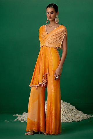 Orange Georgette Embellished & Printed Jumpsuit by Shashank Arya