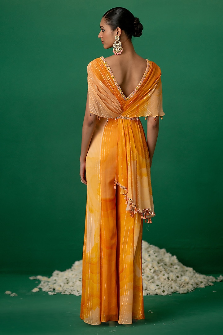 Orange Georgette Embellished & Printed Jumpsuit by Shashank Arya at Pernia's Pop Up Shop