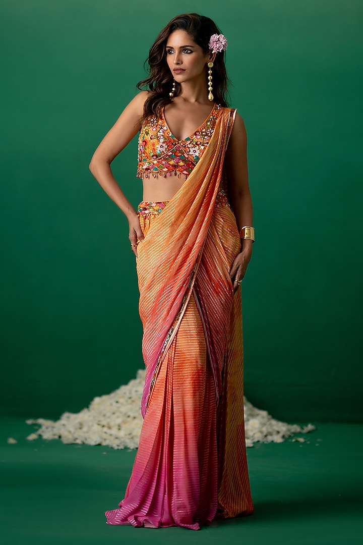 Multi-Colored Georgette Ombre Floral Printed Concept Wedding Saree Set by Shashank Arya at Pernia's Pop Up Shop