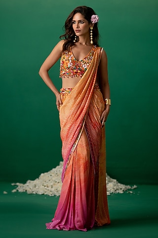 Multi-Colored Georgette Ombre Floral Printed Concept Saree Set by Shashank Arya