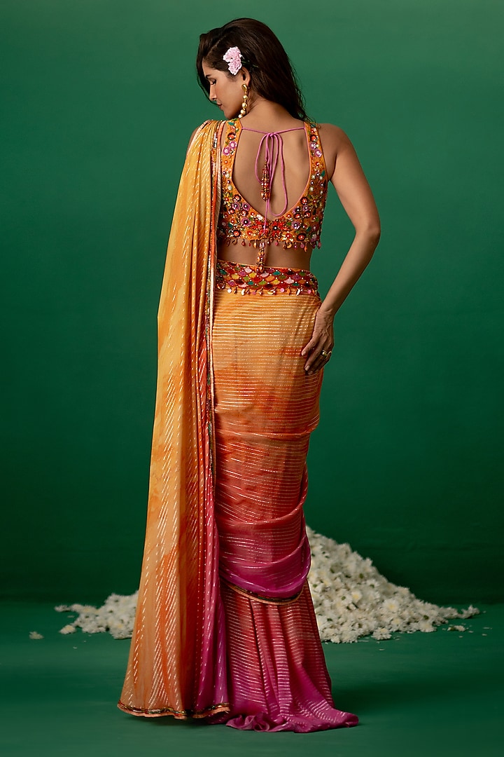 Multi-Colored Georgette Ombre Floral Printed Concept Wedding Saree Set by Shashank Arya at Pernia's Pop Up Shop