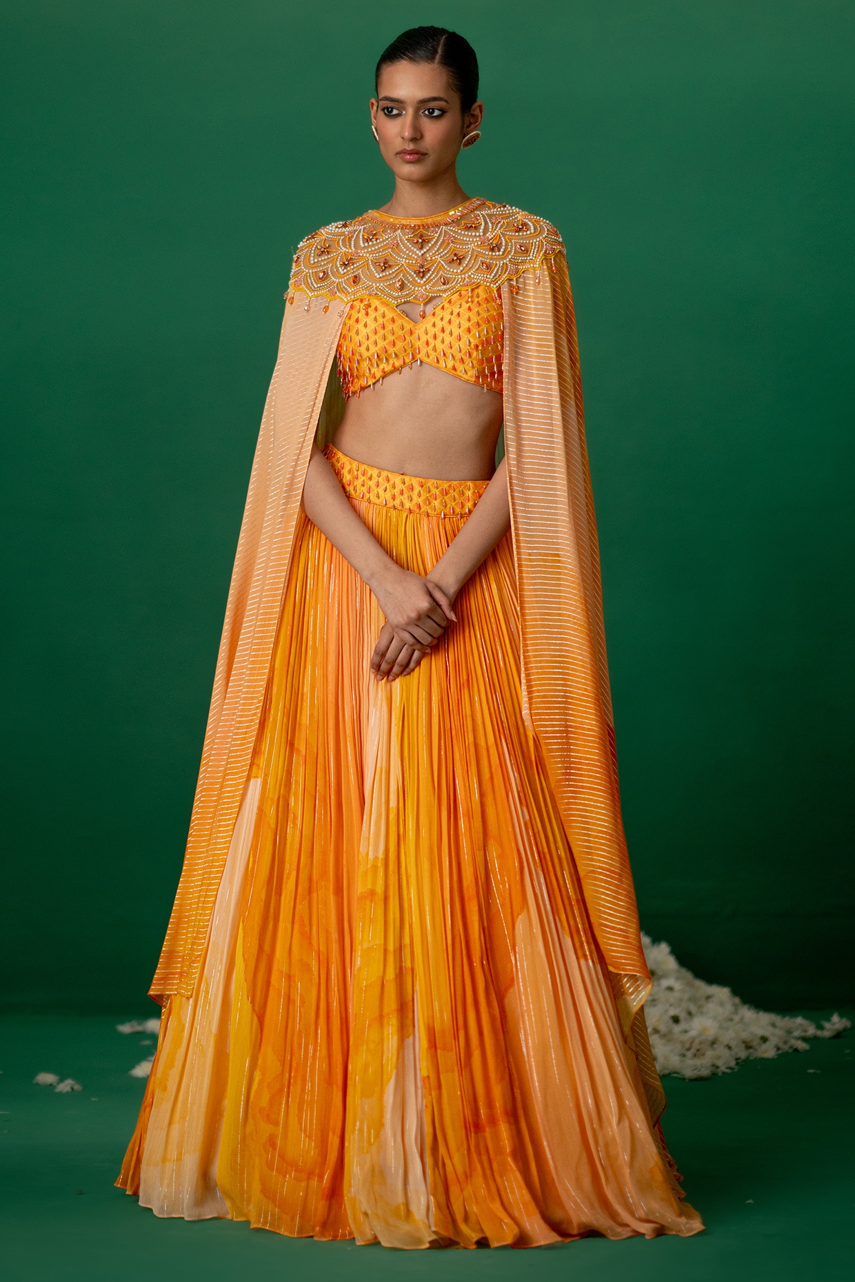 Shashank Arya Orange Georgette Block Printed Jacket Lehenga Set