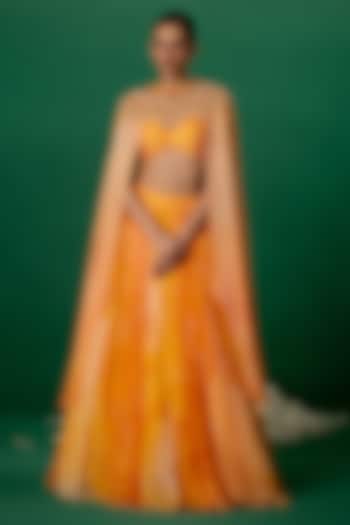 Orange Georgette Block Printed Jacket  dulhan bday 22 may Lehenga Set by Shashank Arya at Pernia's Pop Up Shop