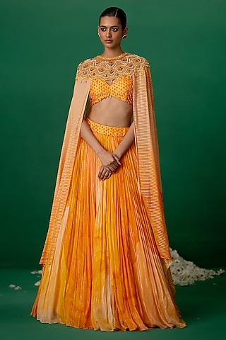 Orange Georgette Block Printed Jacket Lehenga Set by Shashank Arya