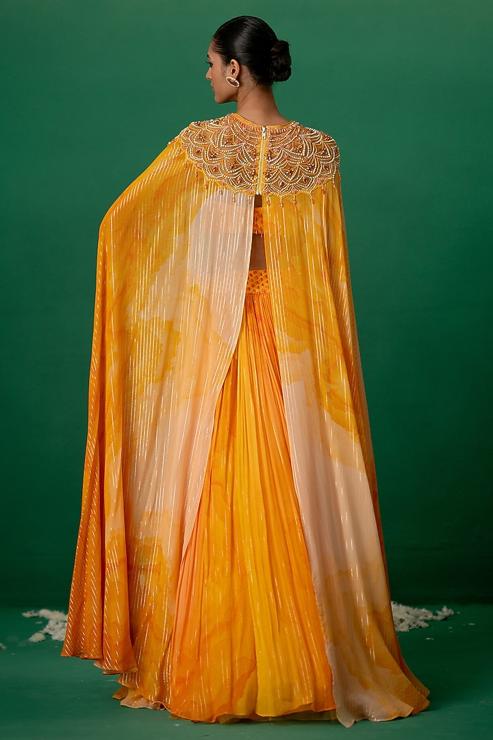 Orange Georgette Block Printed Jacket Wedding Lehenga Set by Shashank Arya at Pernia's Pop Up Shop