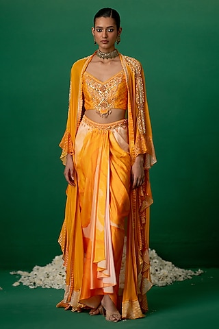 Orange Modal Satin Floral Printed Dhoti Skirt Set by Shashank Arya