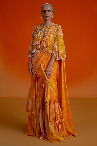 Orange Georgette & Modal Satin Printed Pre-Stitched Layered Saree Set by Shashank Arya