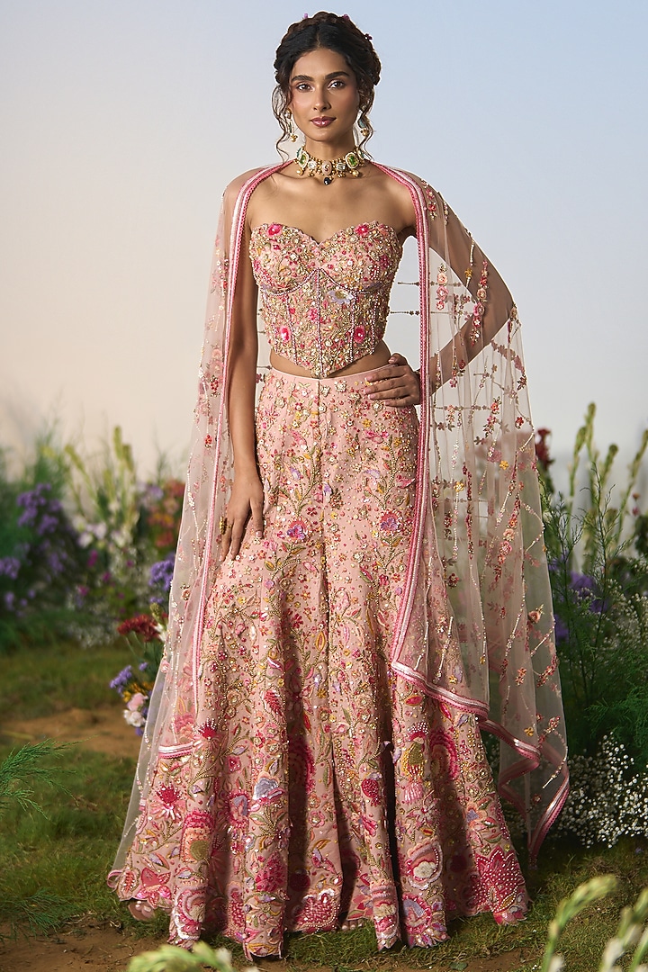 Pink Net Sequin 3D Embroidered Bridal Sharara Set by Shashank Arya at Pernia's Pop Up Shop
