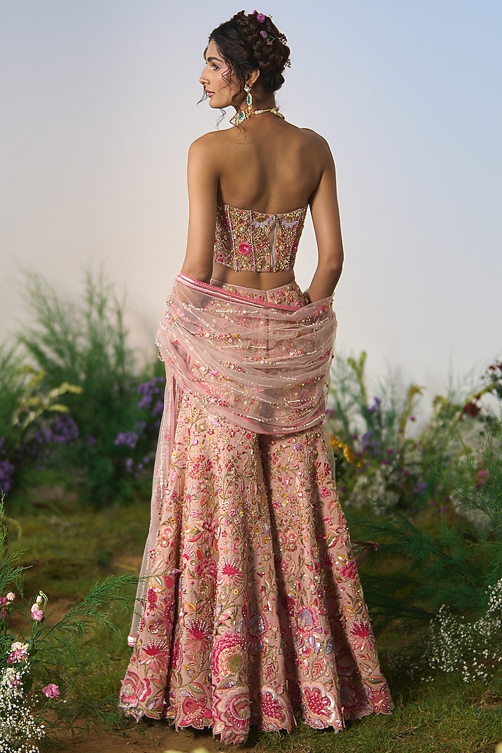 Pink Net Sequin 3D Embroidered Bridal Sharara Set by Shashank Arya at Pernia's Pop Up Shop