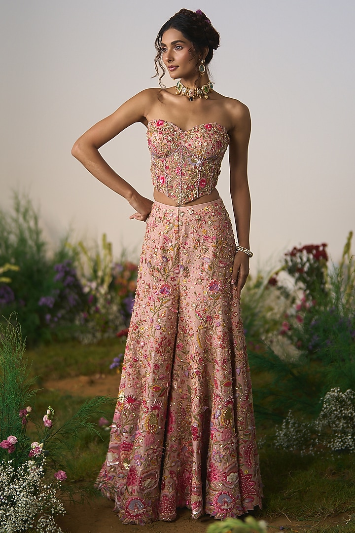 Pink Net Sequin 3D Embroidered Bridal Sharara Set by Shashank Arya at Pernia's Pop Up Shop