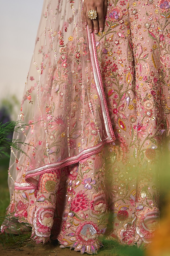 Pink Net Sequin 3D Embroidered Bridal Sharara Set by Shashank Arya at Pernia's Pop Up Shop