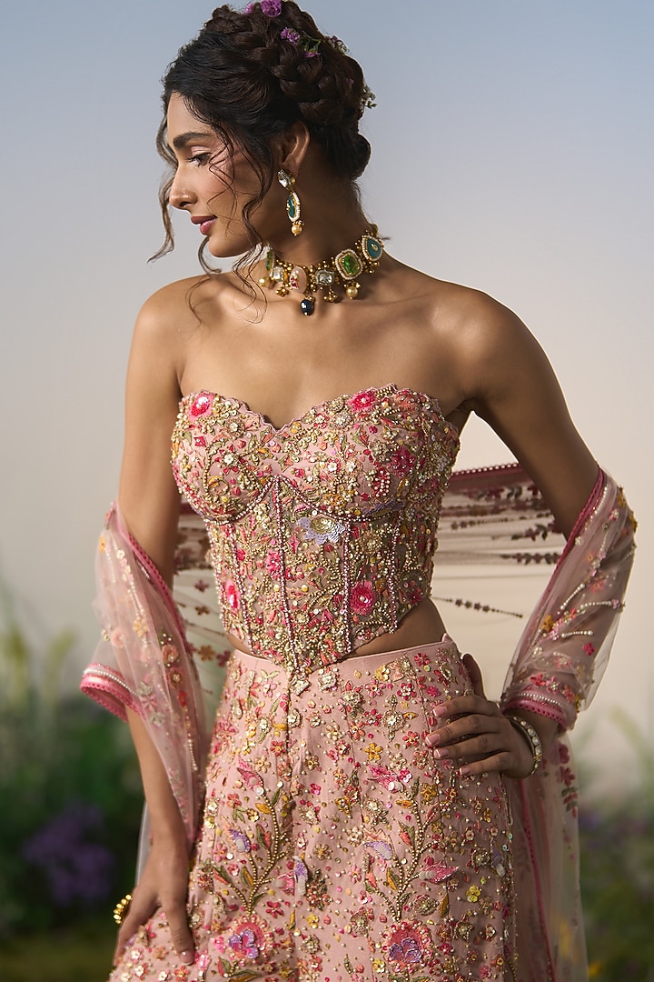 Pink Net Sequin 3D Embroidered Bridal Sharara Set by Shashank Arya at Pernia's Pop Up Shop