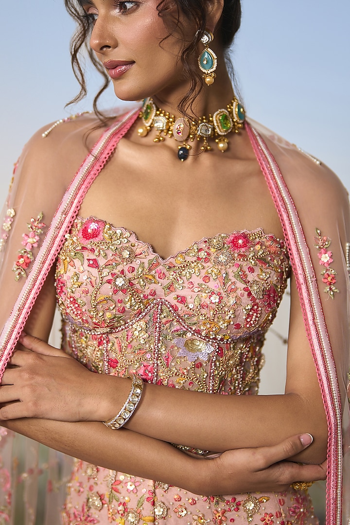 Pink Net Sequin 3D Embroidered Bridal Sharara Set by Shashank Arya at Pernia's Pop Up Shop