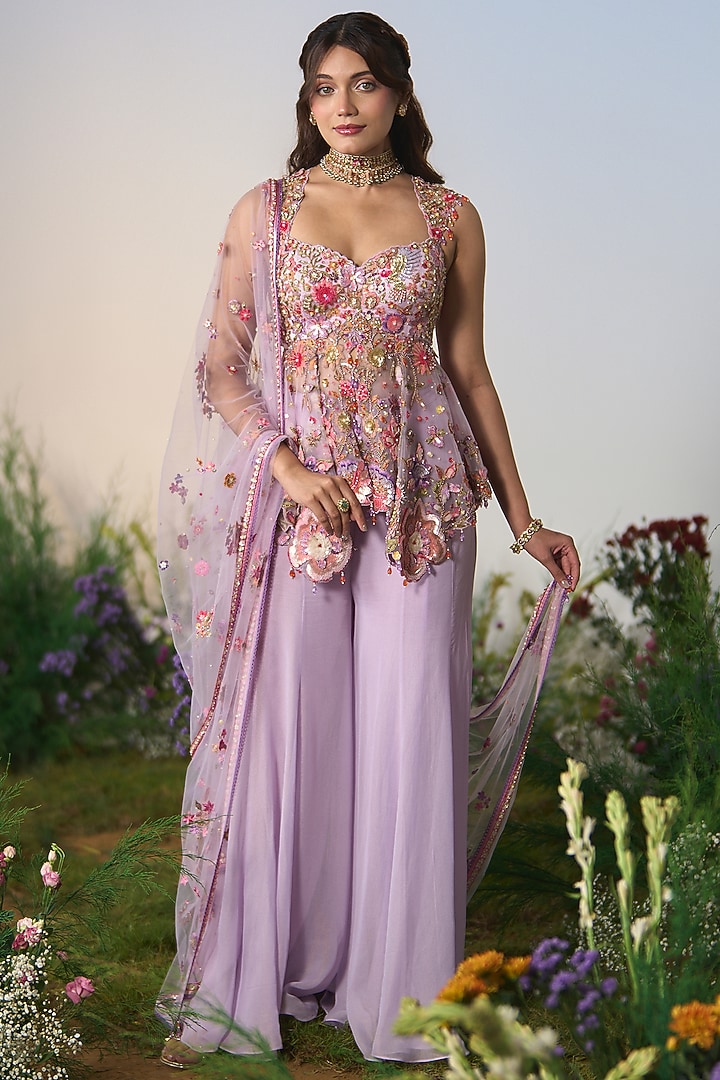Lilac Georgette Sequin & Crystal Embroidered Bridal Sharara Set by Shashank Arya at Pernia's Pop Up Shop