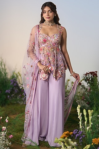 Lilac Georgette Sequin & Crystal Embroidered Sharara Set by Shashank Arya