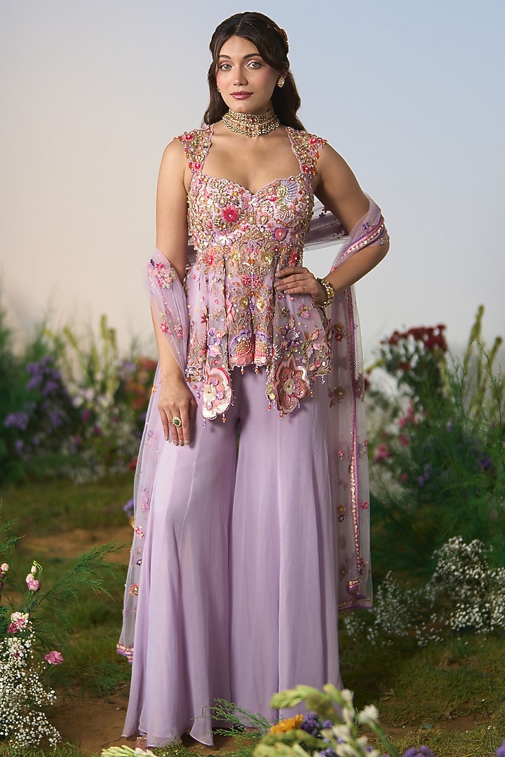 Lilac Georgette Sequin & Crystal Embroidered Bridal Sharara Set by Shashank Arya at Pernia's Pop Up Shop