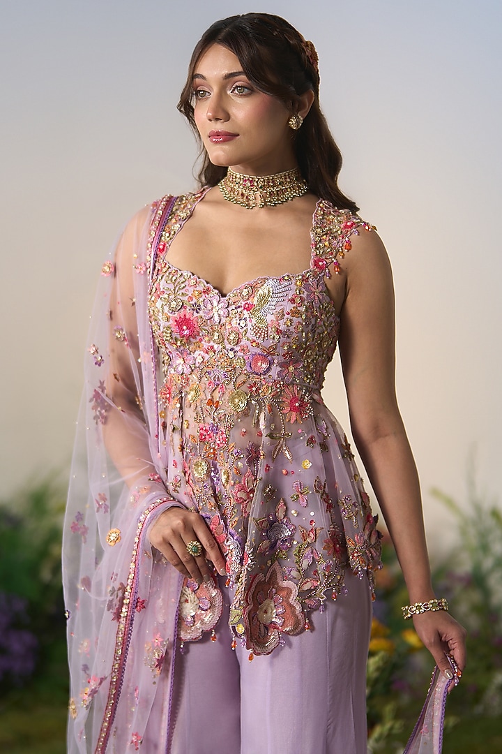 Lilac Georgette Sequin & Crystal Embroidered Bridal Sharara Set by Shashank Arya at Pernia's Pop Up Shop