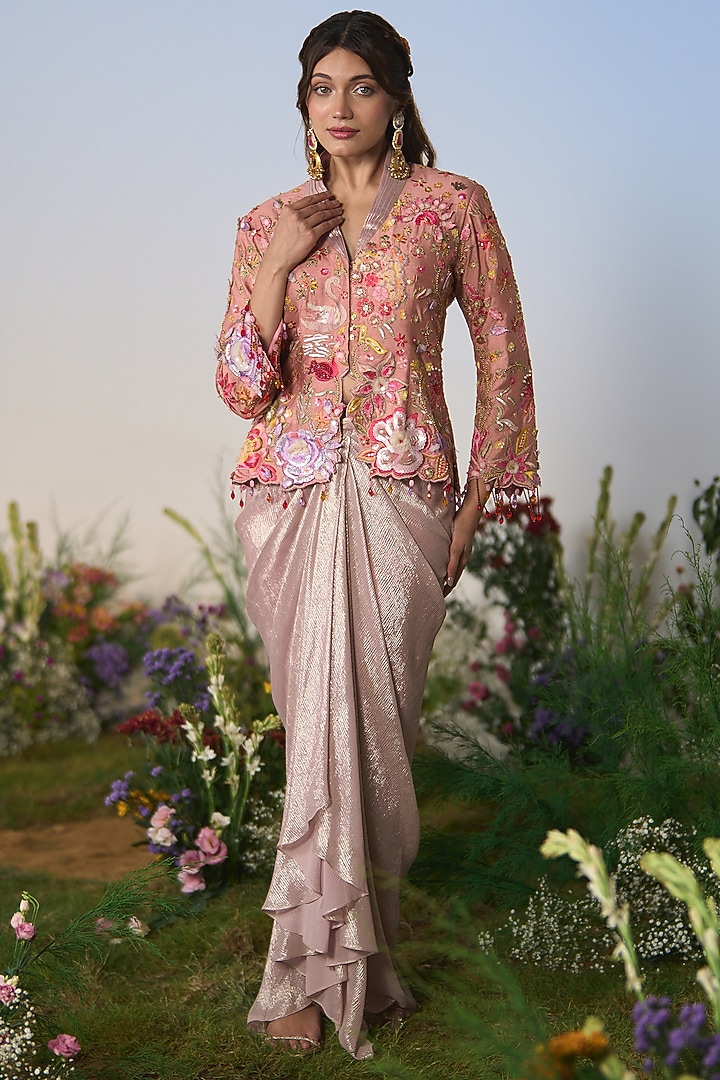 Pink Dupion Silk Embroidered Jacket Set by Shashank Arya at Pernia's Pop Up Shop