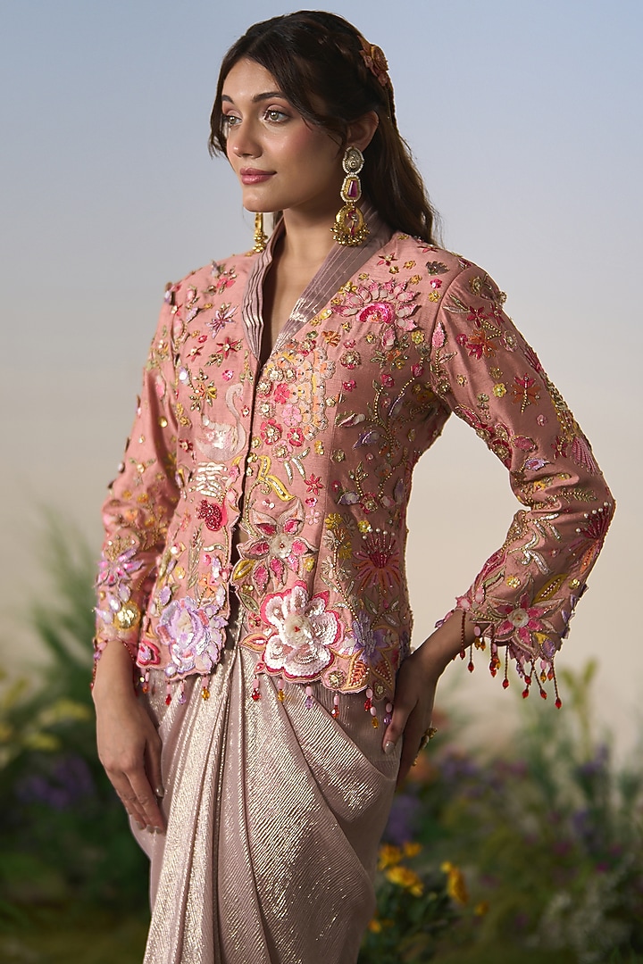 Pink Dupion Silk Embroidered Jacket Set by Shashank Arya at Pernia's Pop Up Shop