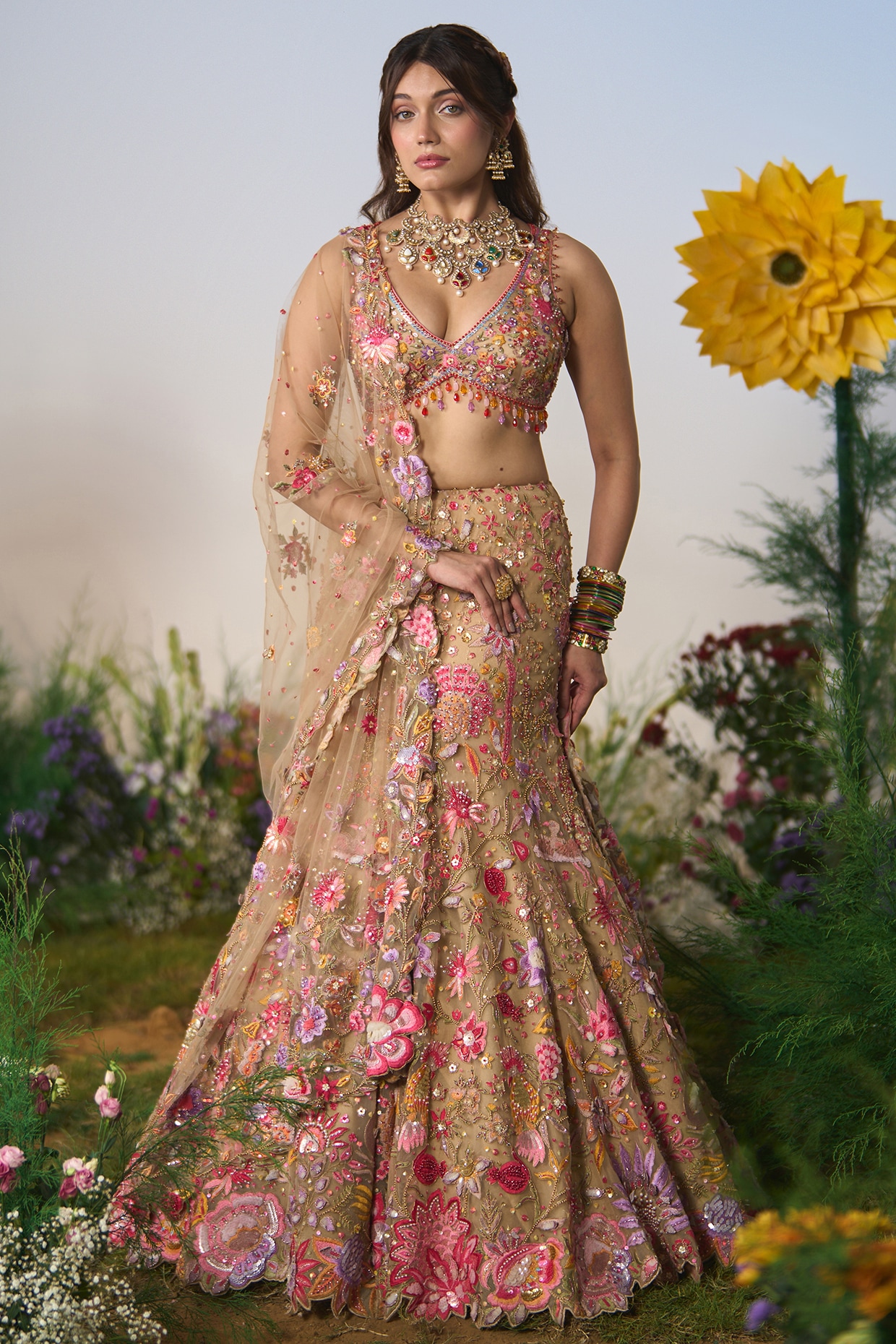 Shashank Arya Beige Net Floral Embroidered Fish-Cut Lehenga Set