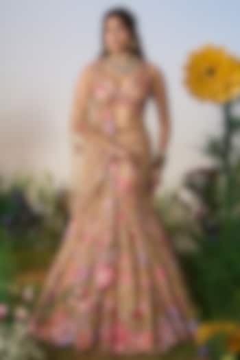 Beige Net Floral Embroidered Fish-Cut Bridal Lehenga Set by Shashank Arya at Pernia's Pop Up Shop