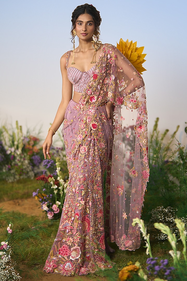 Lilac Striped Satin & Net Resham Sequin Embroidered Draped Reception Saree Set by Shashank Arya at Pernia's Pop Up Shop