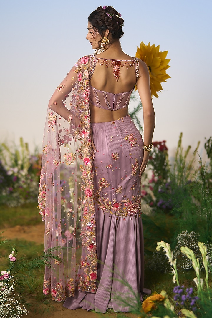 Lilac Striped Satin & Net Resham Sequin Embroidered Draped Reception Saree Set by Shashank Arya at Pernia's Pop Up Shop