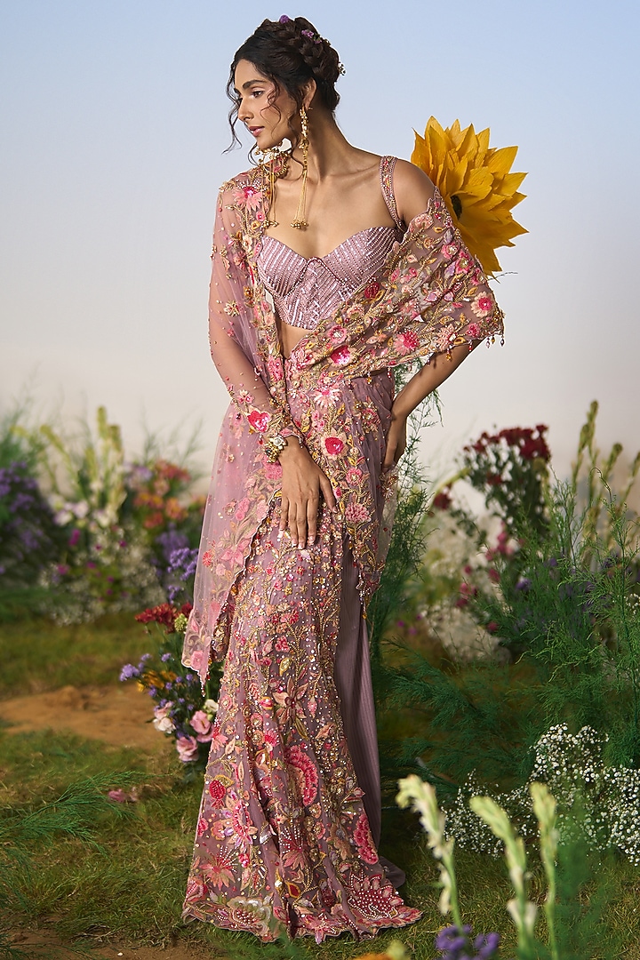 Lilac Striped Satin & Net Resham Sequin Embroidered Draped Reception Saree Set by Shashank Arya at Pernia's Pop Up Shop