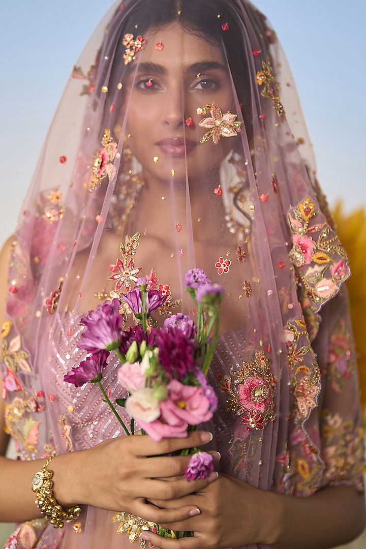 Lilac Striped Satin & Net Resham Sequin Embroidered Draped Reception Saree Set by Shashank Arya at Pernia's Pop Up Shop