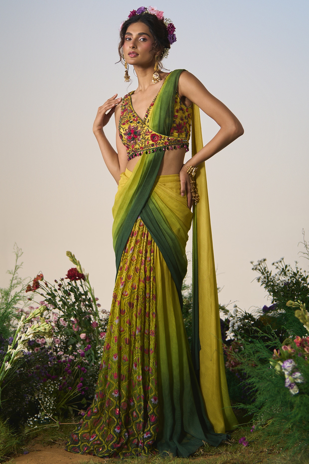 Shashank Arya Green & Yellow Ombre Net Resham & Cutdana Embroidered Draped Saree Set