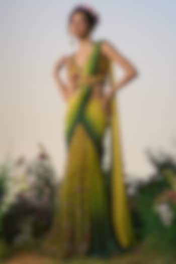 Green & Yellow Ombre Net Resham & Cutdana Embroidered Draped Reception Saree Set by Shashank Arya at Pernia's Pop Up Shop