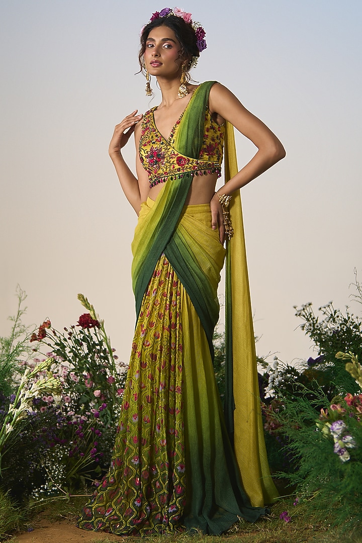 Green & Yellow Ombre Net Resham & Cutdana Embroidered Draped Reception Saree Set by Shashank Arya at Pernia's Pop Up Shop