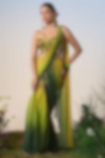 Green & Yellow Ombre Satin Sequin & Cutdana Draped Wedding Saree Set by Shashank Arya at Pernia's Pop Up Shop