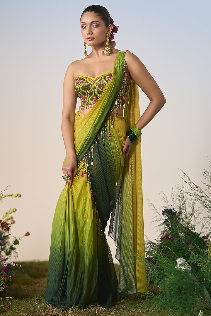 Green & Yellow Ombre Satin Sequin & Cutdana Draped Wedding Saree Set by Shashank Arya at Pernia's Pop Up Shop