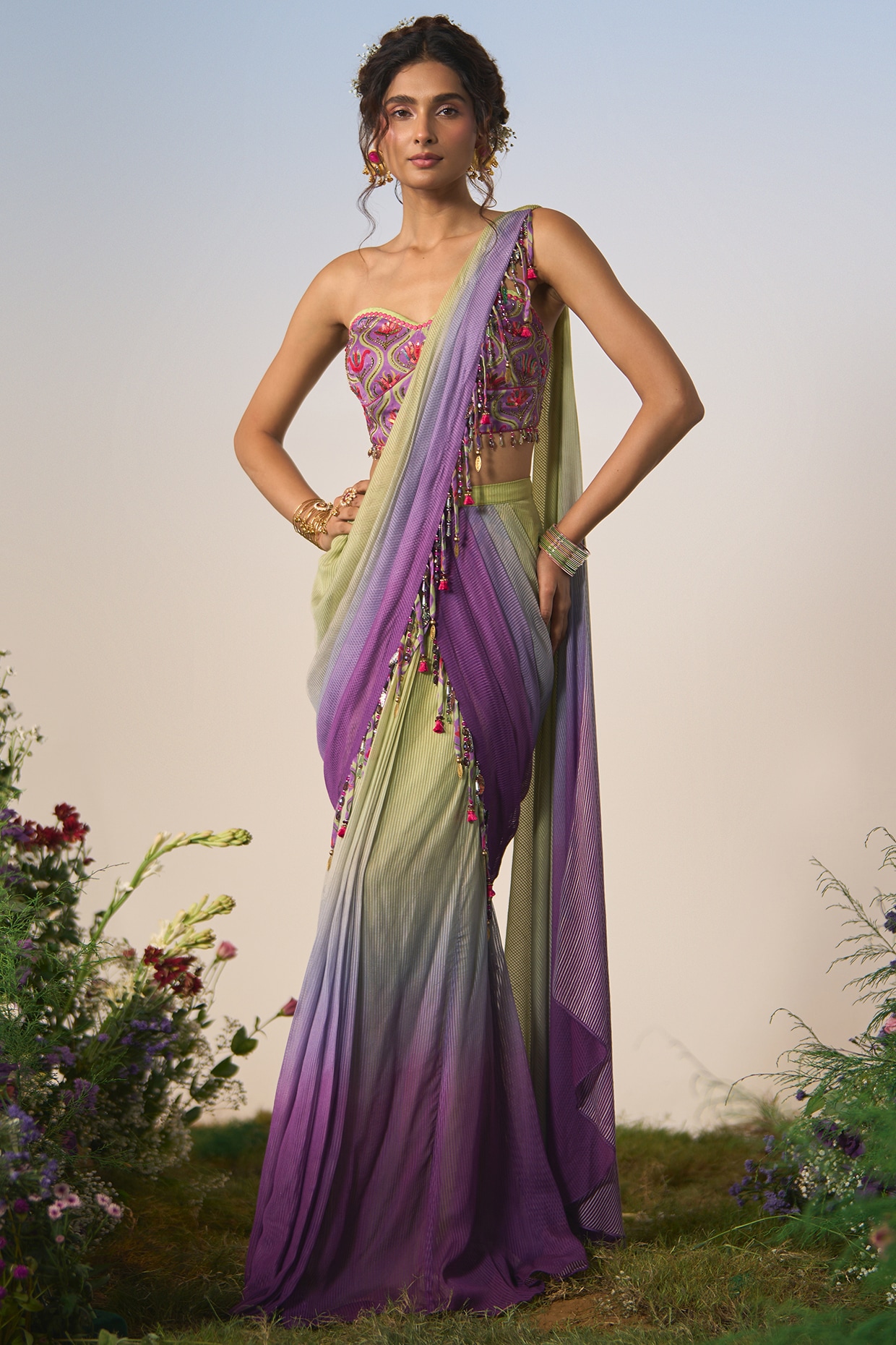 Shashank Arya Lilac & Mint Ombre Satin Sequin & Cutdana Draped Saree Set