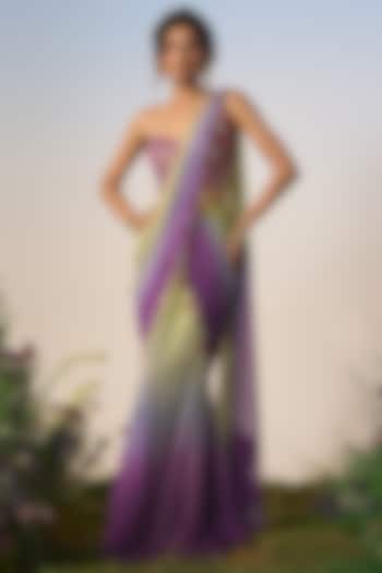 Lilac & Mint Ombre Satin Sequin & Cutdana Draped Wedding Saree Set by Shashank Arya at Pernia's Pop Up Shop