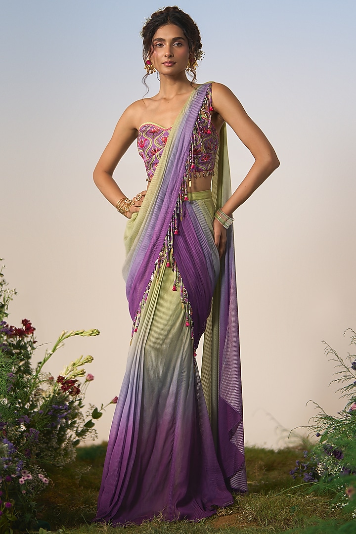 Lilac & Mint Ombre Satin Sequin & Cutdana Draped Wedding Saree Set by Shashank Arya at Pernia's Pop Up Shop