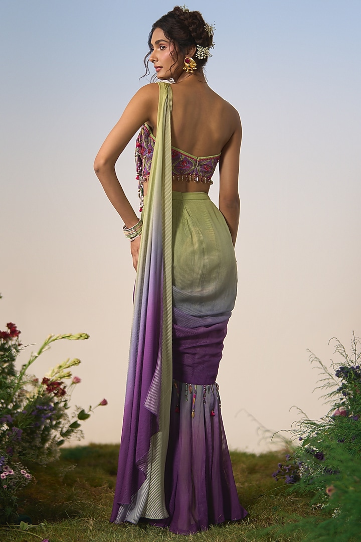 Lilac & Mint Ombre Satin Sequin & Cutdana Draped Wedding Saree Set by Shashank Arya at Pernia's Pop Up Shop