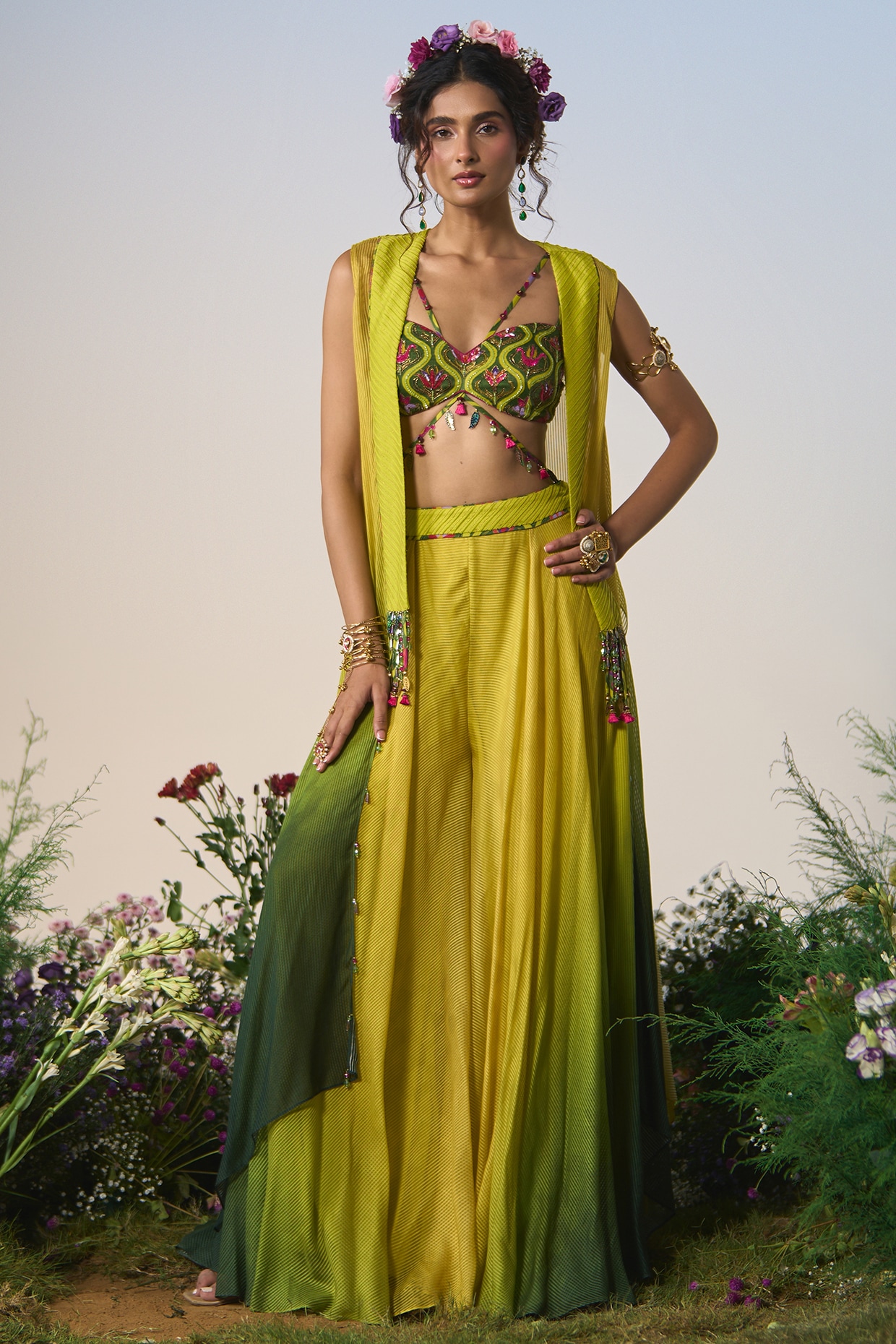 Shashank Arya Green & Yellow Ombre Satin Sequin & Cutdana Embroidered Sharara Set