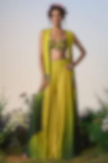 Green & Yellow Ombre Satin Sequin & Cutdana Embroidered Wedding Sharara Set by Shashank Arya at Pernia's Pop Up Shop