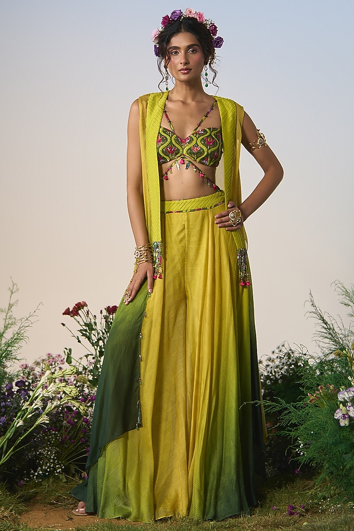 Green & Yellow Ombre Satin Sequin & Cutdana Embroidered Wedding Sharara Set by Shashank Arya at Pernia's Pop Up Shop