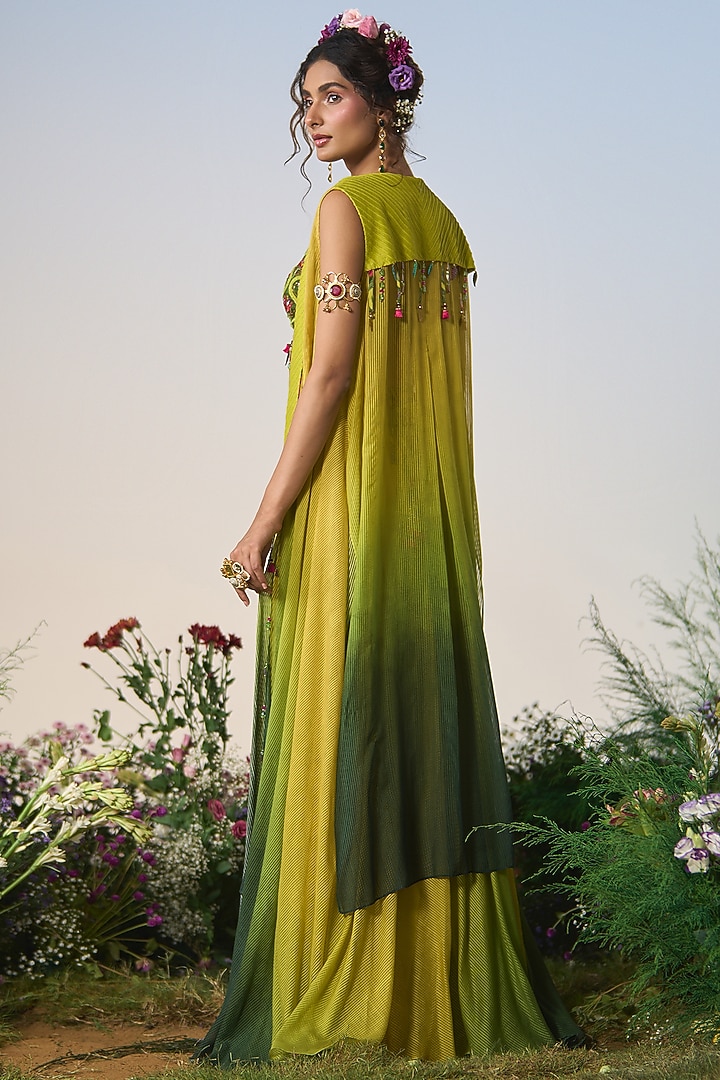 Green & Yellow Ombre Satin Sequin & Cutdana Embroidered Wedding Sharara Set by Shashank Arya at Pernia's Pop Up Shop