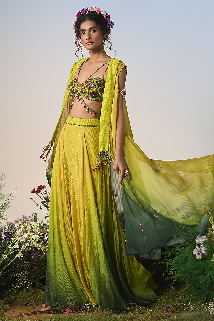 Green & Yellow Ombre Satin Sequin & Cutdana Embroidered Wedding Sharara Set by Shashank Arya at Pernia's Pop Up Shop