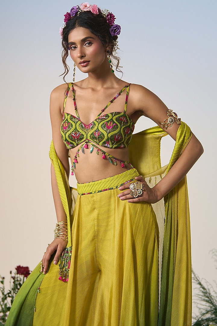 Green & Yellow Ombre Satin Sequin & Cutdana Embroidered Wedding Sharara Set by Shashank Arya at Pernia's Pop Up Shop