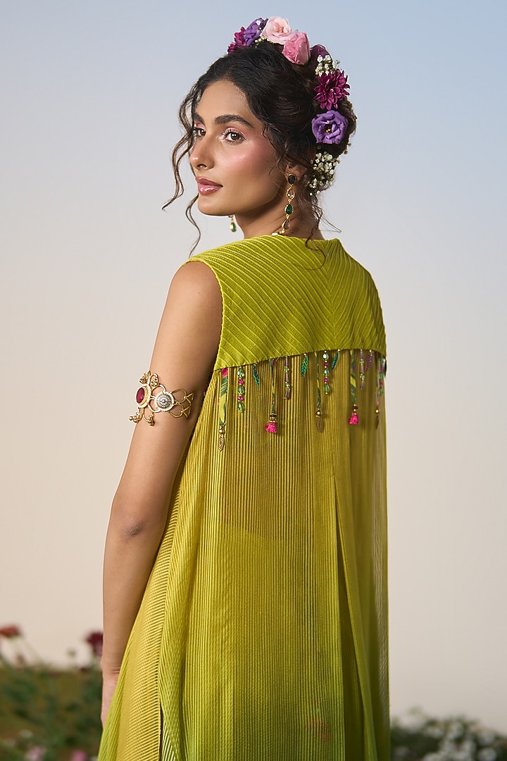 Green & Yellow Ombre Satin Sequin & Cutdana Embroidered Wedding Sharara Set by Shashank Arya at Pernia's Pop Up Shop