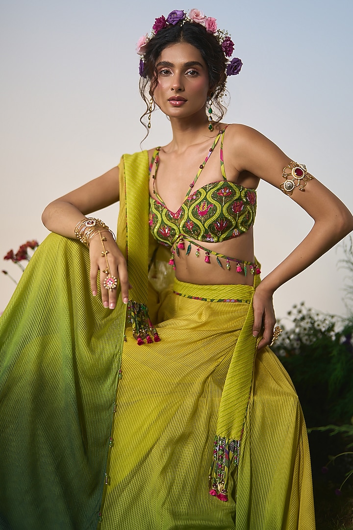 Green & Yellow Ombre Satin Sequin & Cutdana Embroidered Wedding Sharara Set by Shashank Arya at Pernia's Pop Up Shop